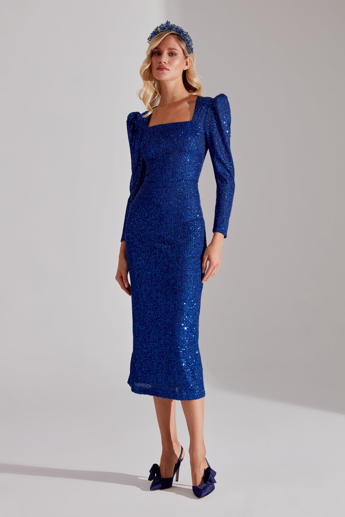 RENATA Shiny Cobalt Blue Square Neck Pencil Dress
