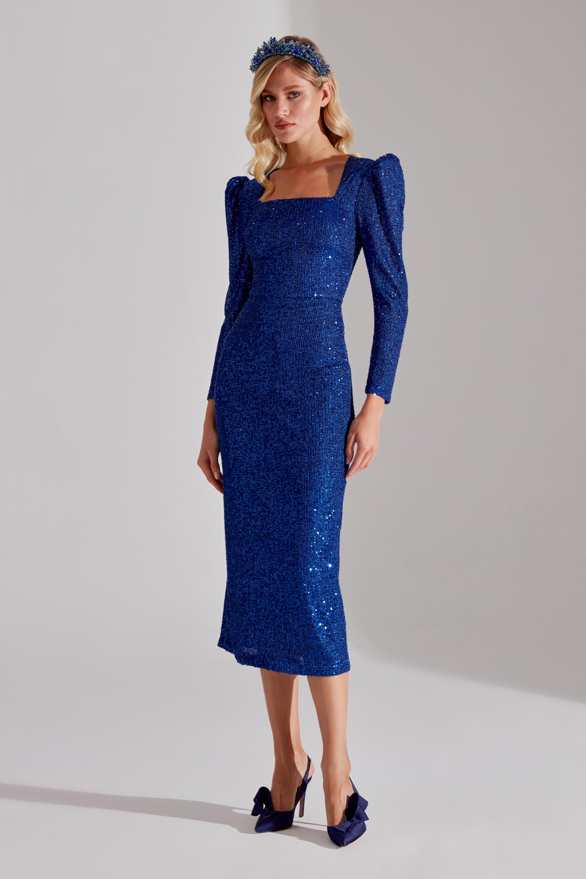 RENATA Shiny Cobalt Blue Square Neck Pencil Dress