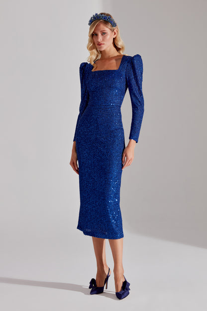 RENATA Shiny Cobalt Blue Square Neck Pencil Dress