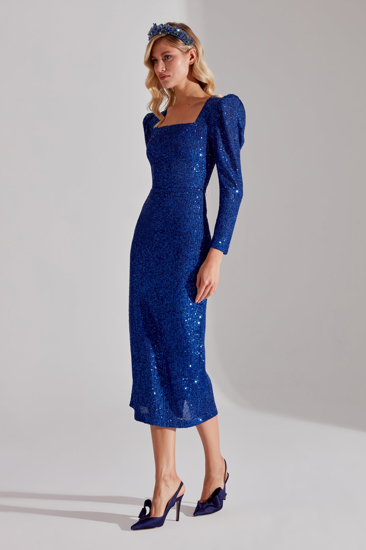 RENATA Shiny Cobalt Blue Square Neck Pencil Dress