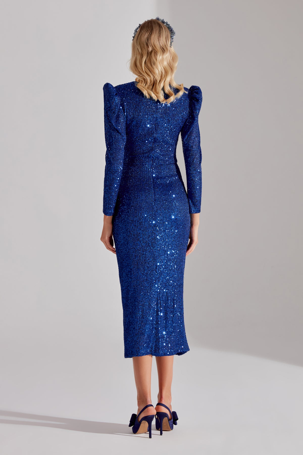RENATA Shiny Cobalt Blue Square Neck Pencil Dress