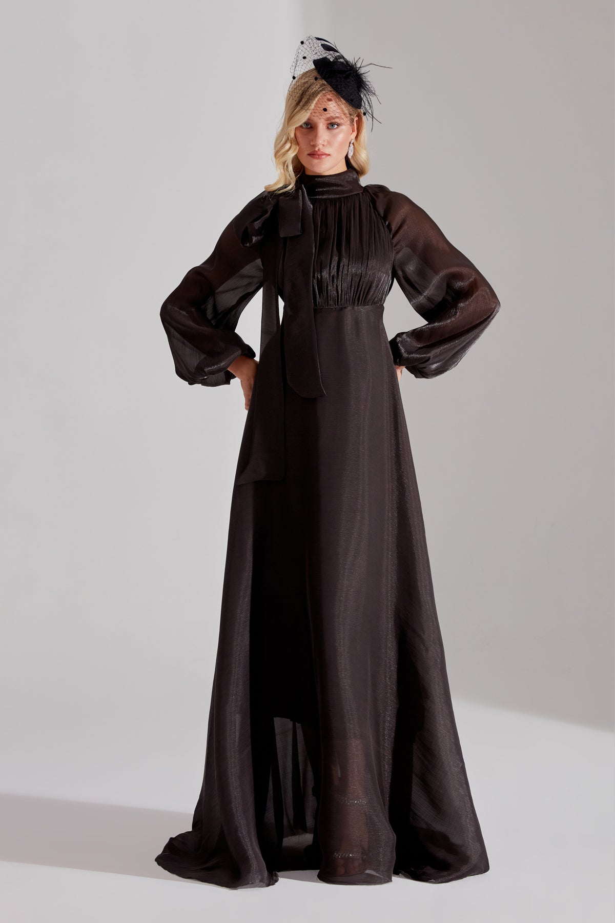 ELIZABETH Black Ribbon Collar Flared Dress
