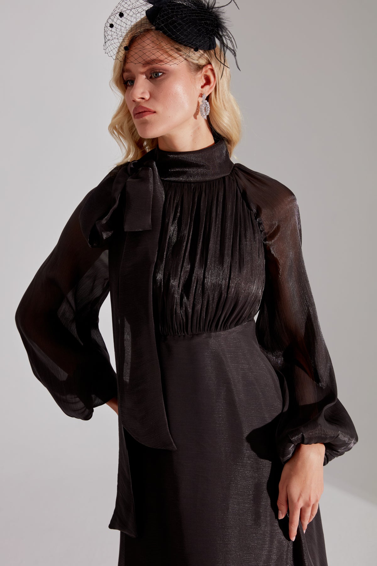 ELIZABETH Black Ribbon Collar Flared Dress