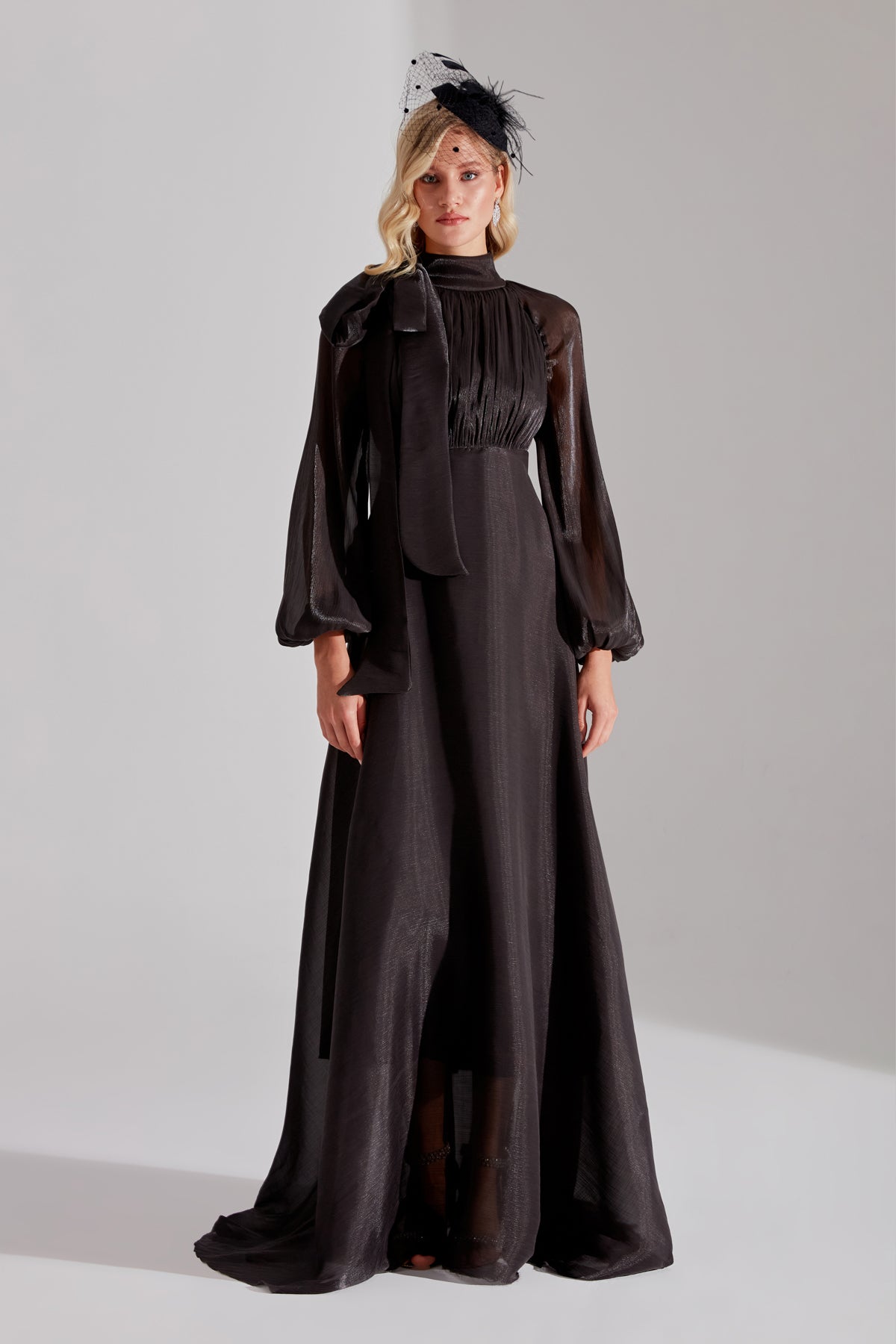 ELIZABETH Black Ribbon Collar Flared Dress