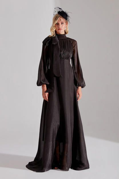 ELIZABETH Black Ribbon Collar Flared Dress
