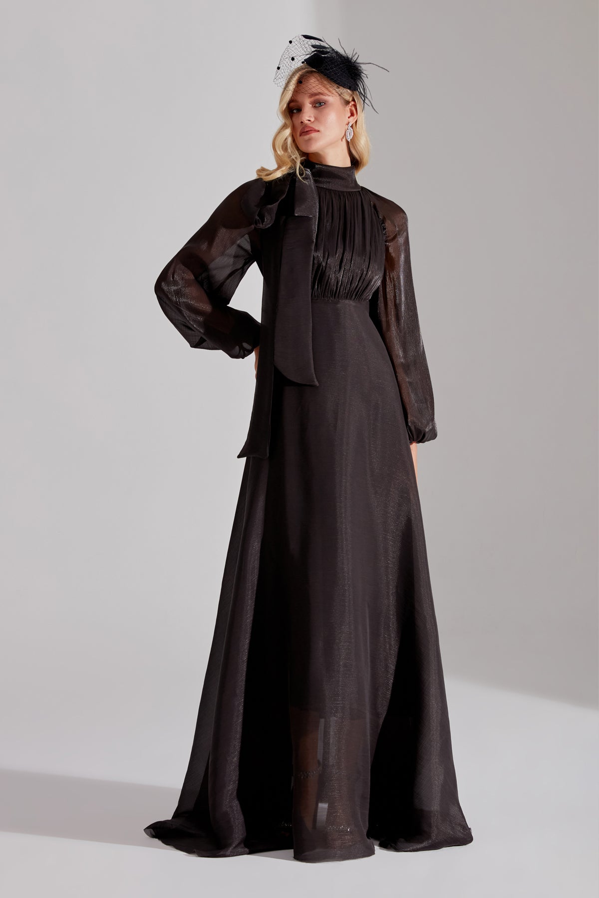 ELIZABETH Black Ribbon Collar Flared Dress