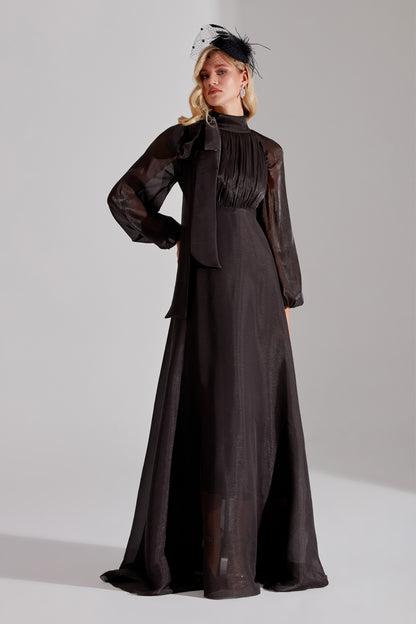 ELIZABETH Black Ribbon Collar Flared Dress