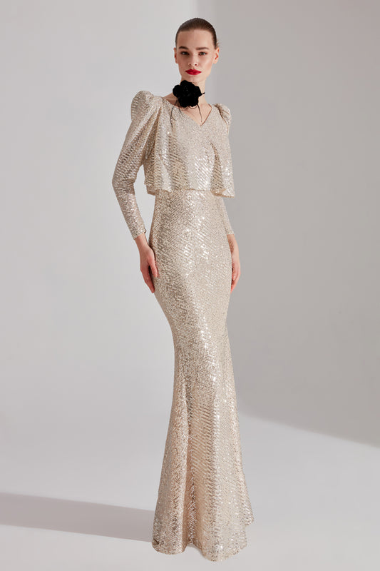 EFTALIA Shiny Sequin GOLD Fish Tail Evening Dress