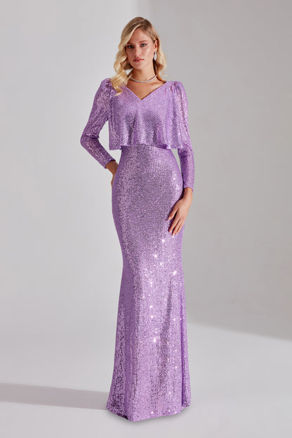 EFTALIA Glänzender Pailletten Offenes Lila Fischschwanz Abendkleid