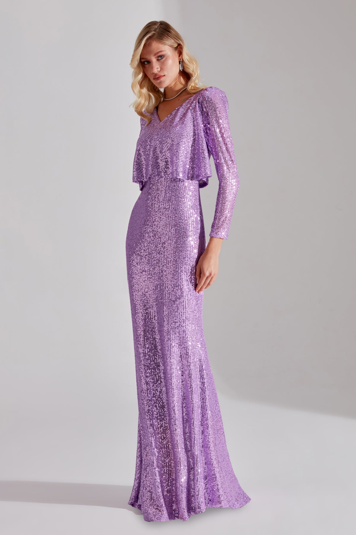 EFTALIA Glänzender Pailletten Offenes Lila Fischschwanz Abendkleid