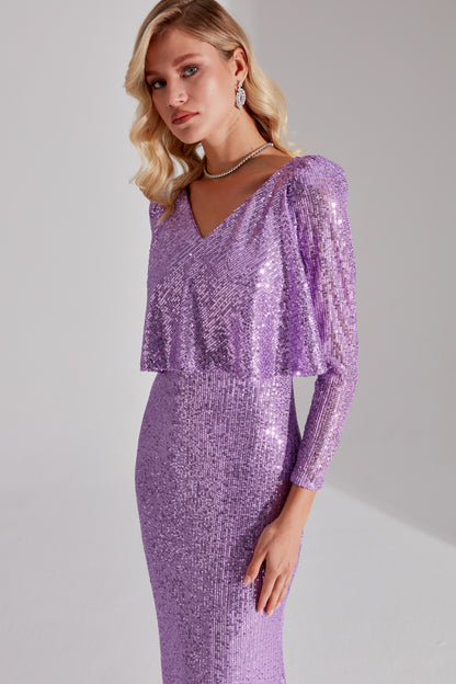 EFTALIA Glänzender Pailletten Offenes Lila Fischschwanz Abendkleid