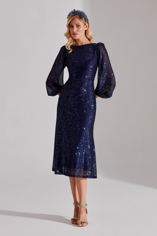 NICOLE Shiny Sequin Dark Blue Balloon Sleeve Midi Dress