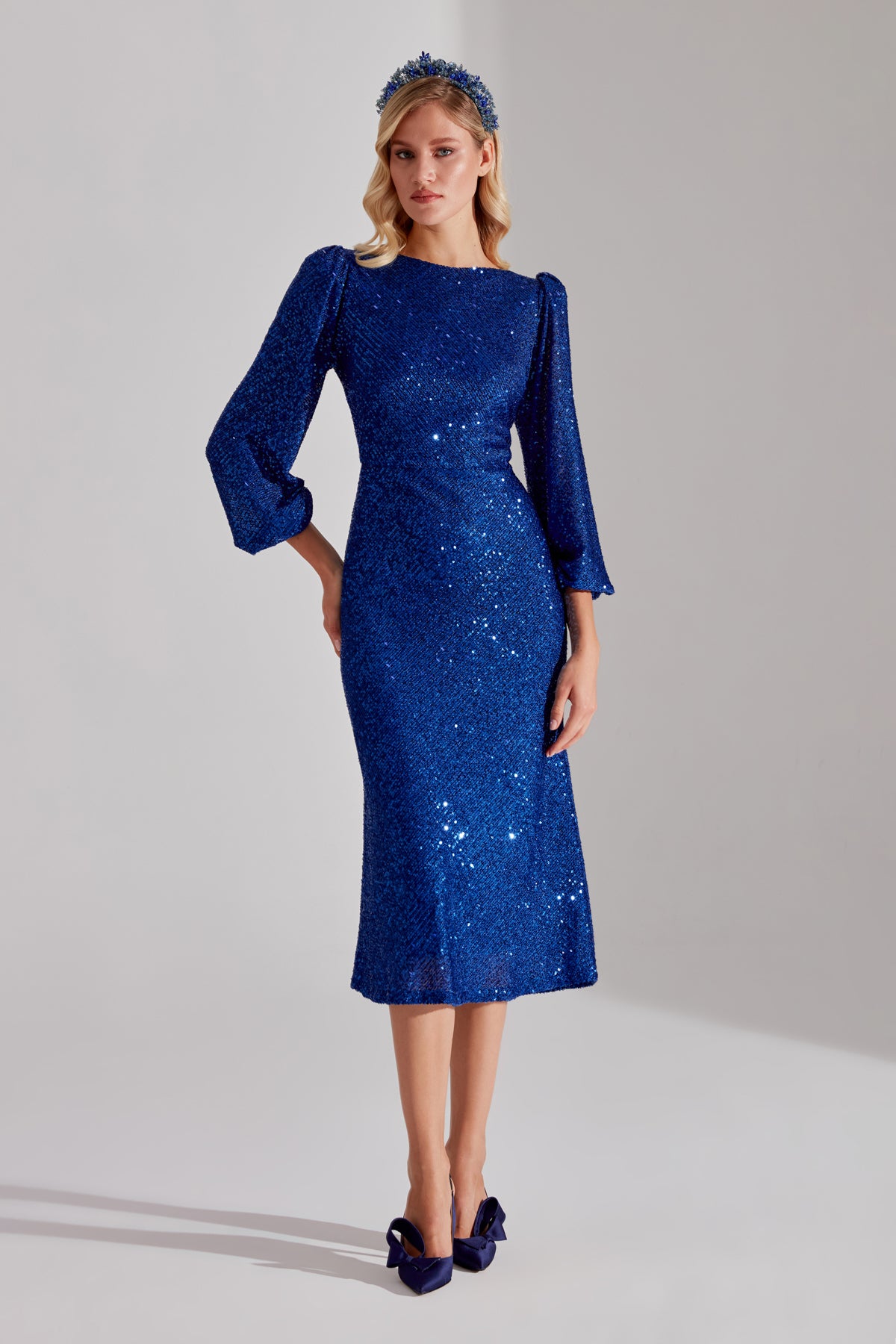 NICOLE Shiny Sequin Cobalt Blue Balloon Sleeve Midi Dress