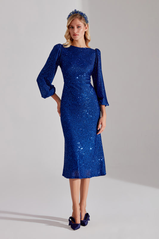 NICOLE Shiny Sequin Cobalt Blue Balloon Sleeve Midi Dress