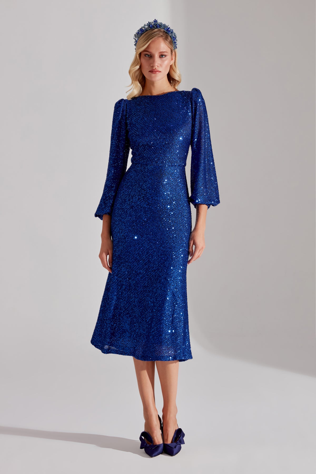 NICOLE Shiny Sequin Cobalt Blue Balloon Sleeve Midi Dress