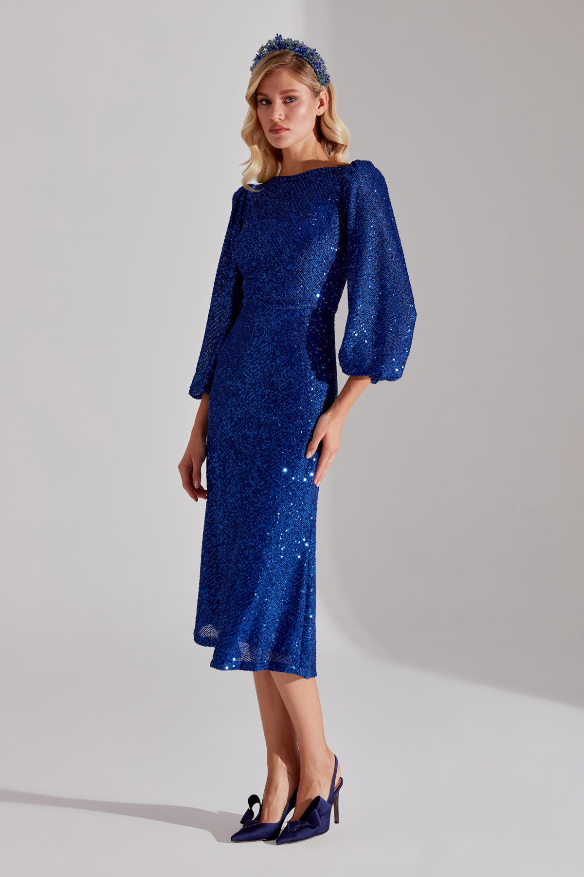 NICOLE Shiny Sequin Cobalt Blue Balloon Sleeve Midi Dress
