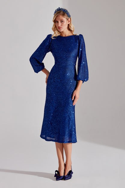 NICOLE Shiny Sequin Cobalt Blue Balloon Sleeve Midi Dress