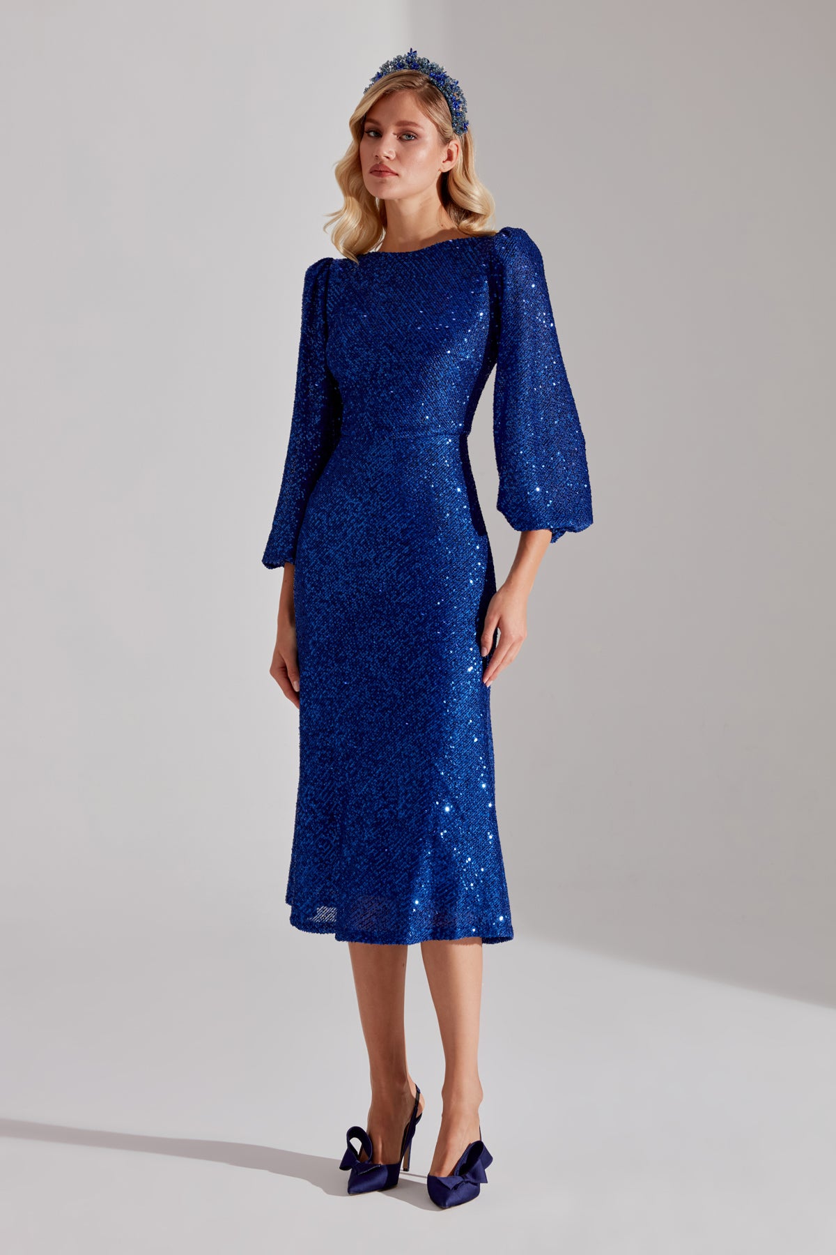NICOLE Shiny Sequin Cobalt Blue Balloon Sleeve Midi Dress