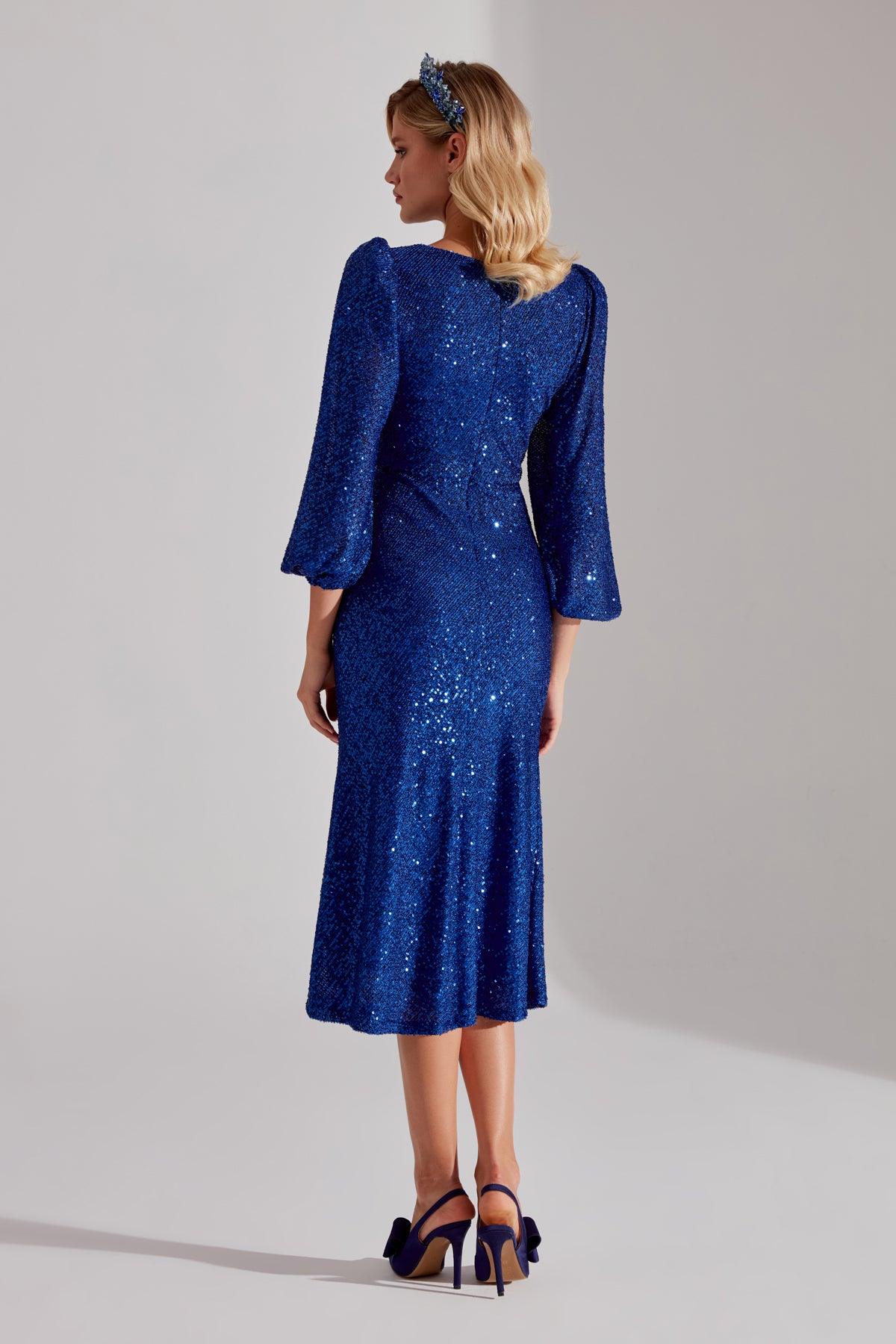 NICOLE Shiny Sequin Cobalt Blue Balloon Sleeve Midi Dress