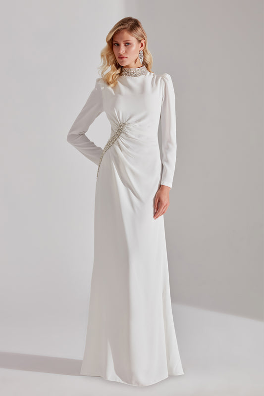 LUNA Beyaz Taş İşlemeli Gece Elbisesi