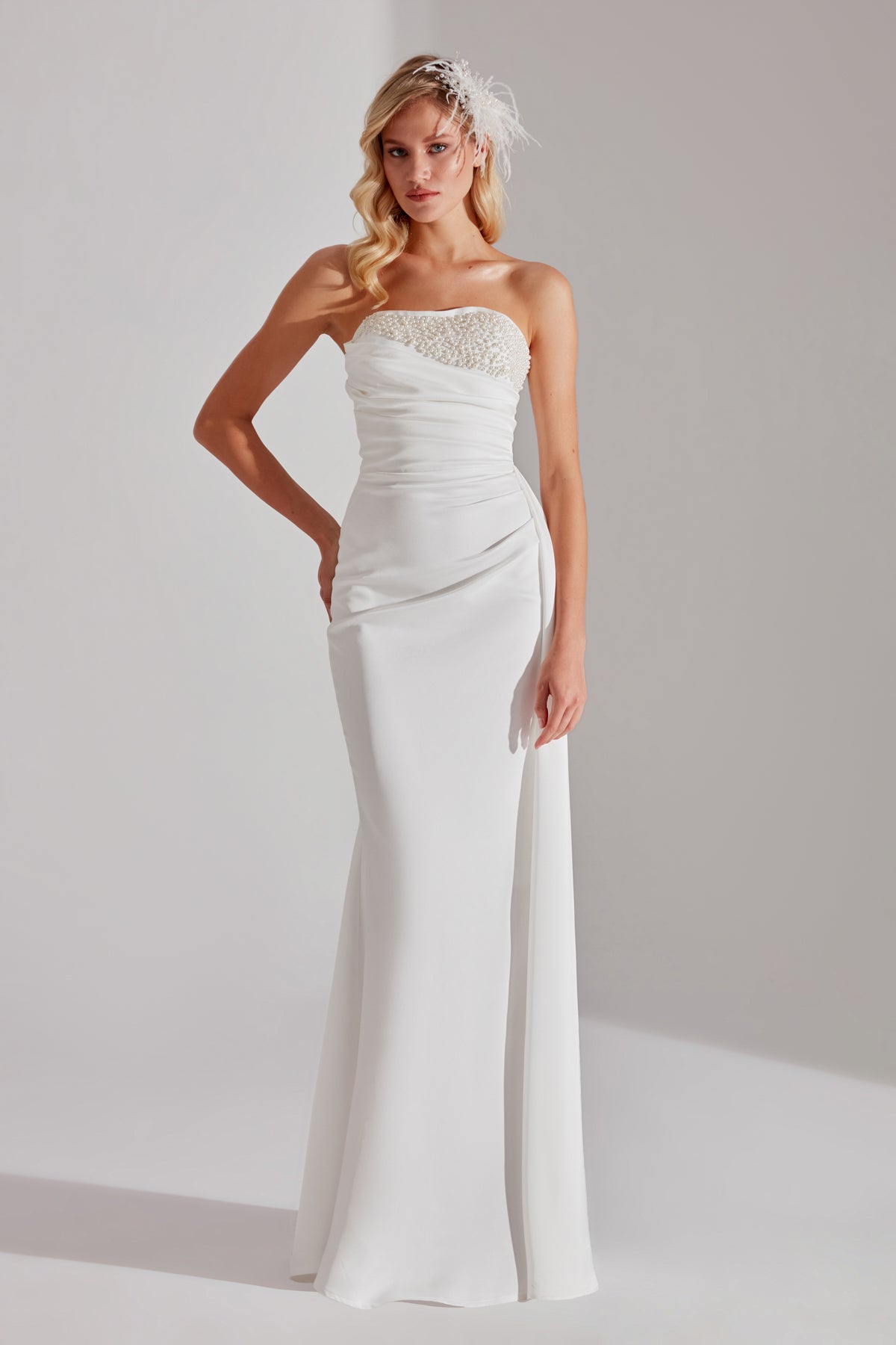 JASMINE WHITE PEARL DETAILED STRAPLESS WEDDING DRESS