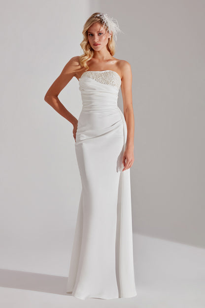 JASMINE WHITE PEARL DETAILED STRAPLESS WEDDING DRESS