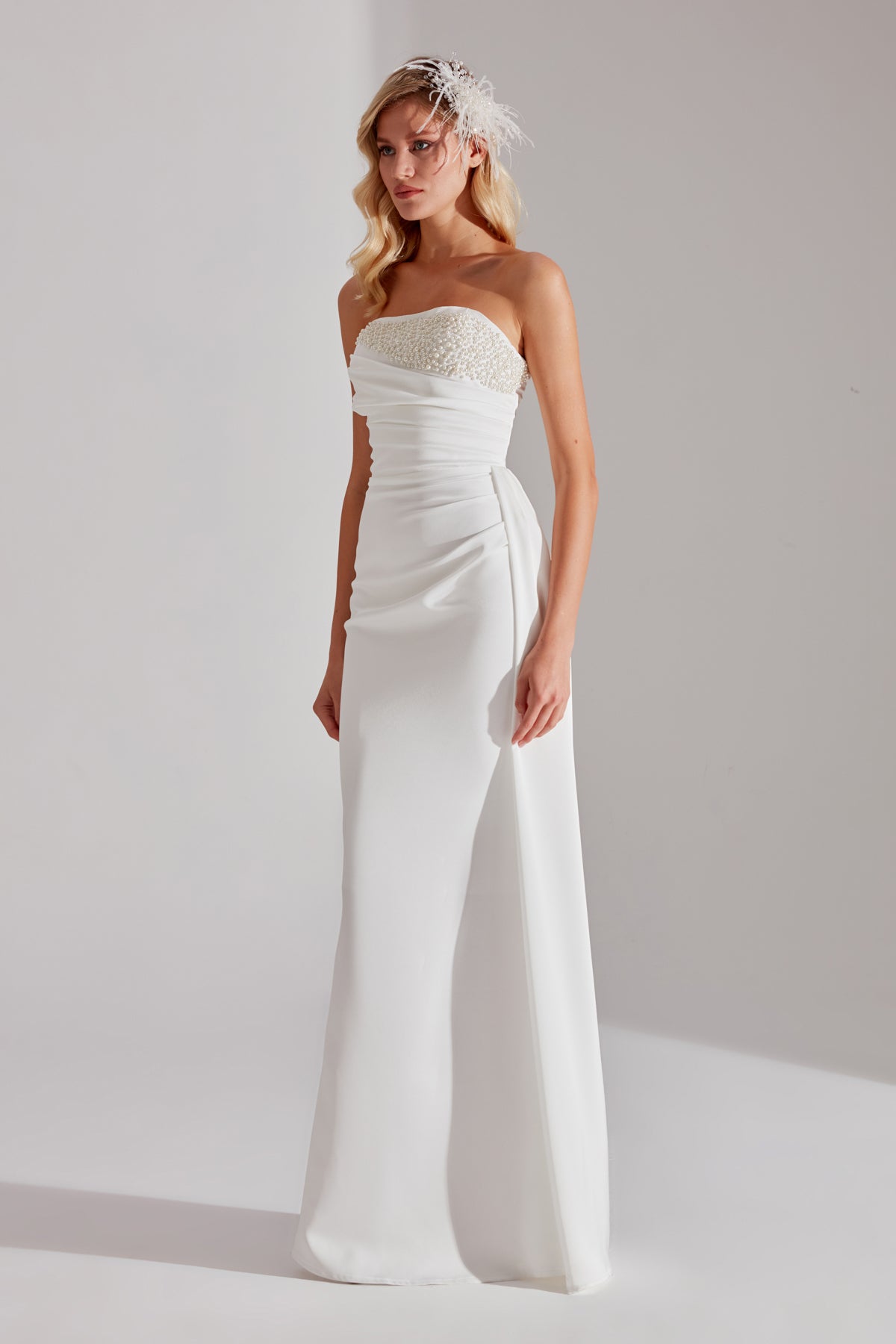 JASMINE WHITE PEARL DETAILED STRAPLESS WEDDING DRESS