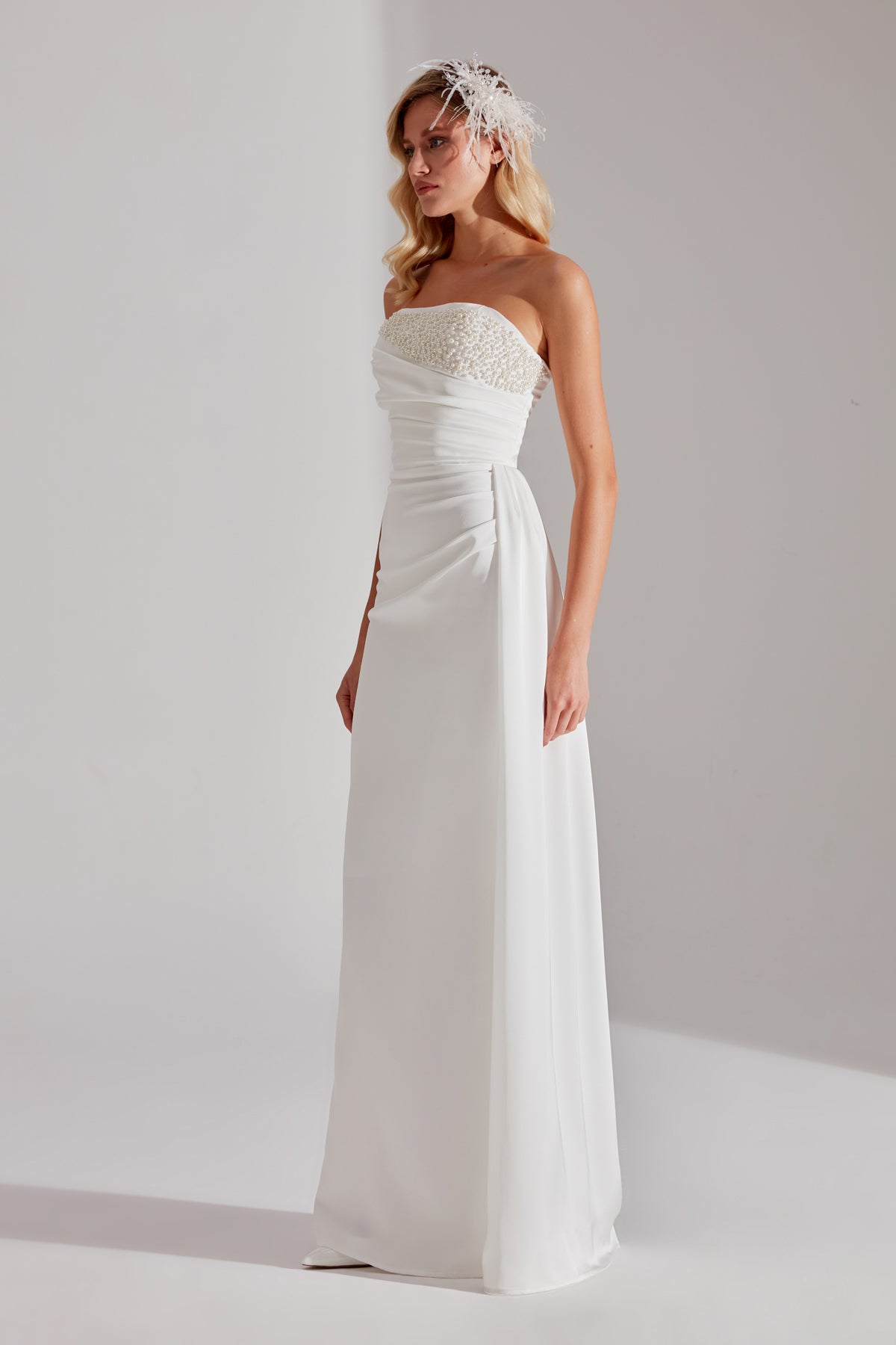JASMINE WHITE PEARL DETAILED STRAPLESS WEDDING DRESS