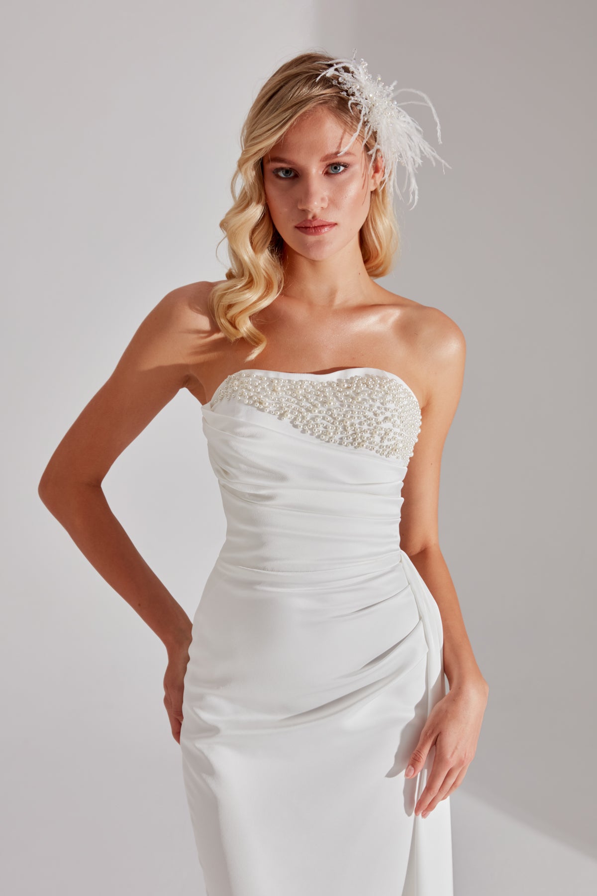 JASMINE WHITE PEARL DETAILED STRAPLESS WEDDING DRESS
