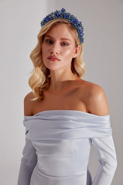 Accessoire de cheveux de mariée en perles bleues et saks