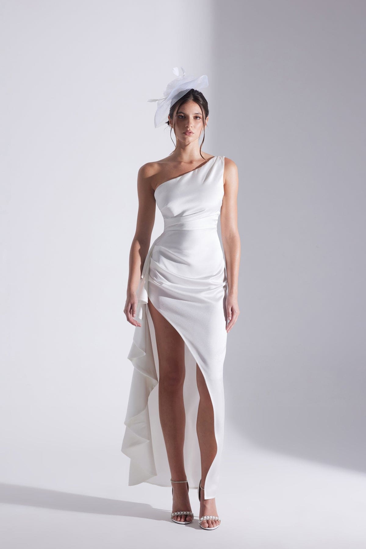 MARIANA One Shoulder Slit Ruffled WHITE Evening Dress