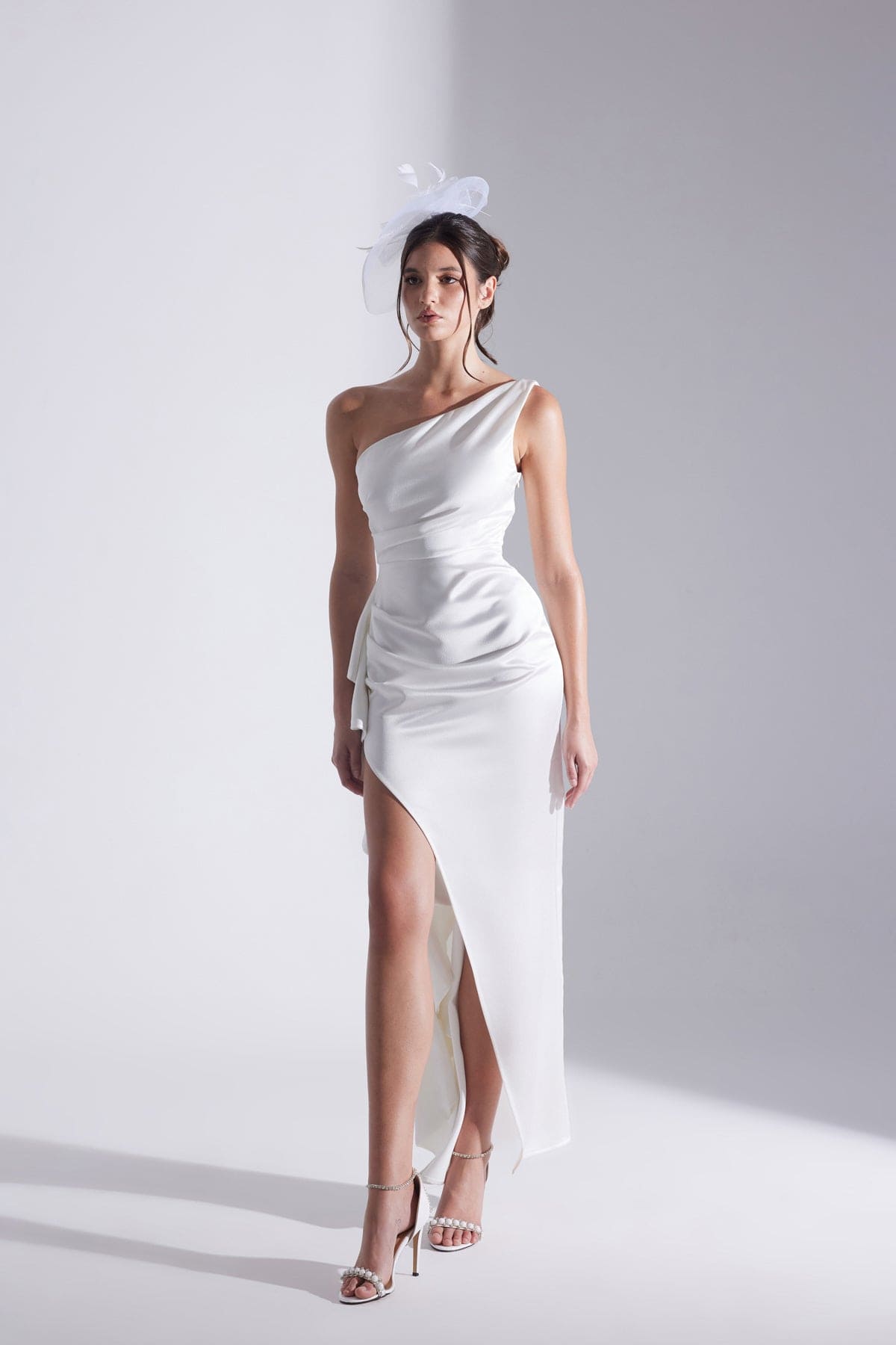MARIANA One Shoulder Slit Ruffled WHITE Evening Dress