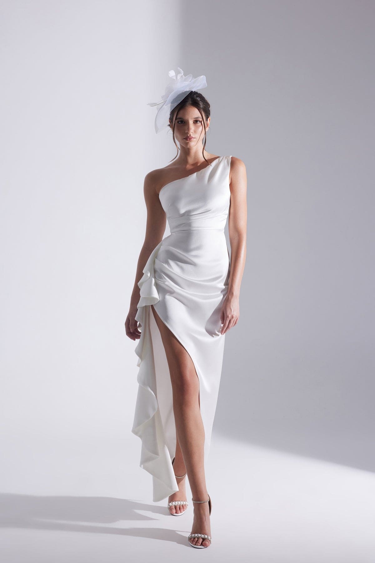 MARIANA One Shoulder Slit Ruffled WHITE Evening Dress