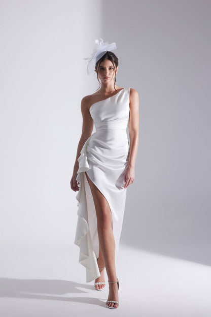 MARIANA One Shoulder Slit Ruffled WHITE Evening Dress