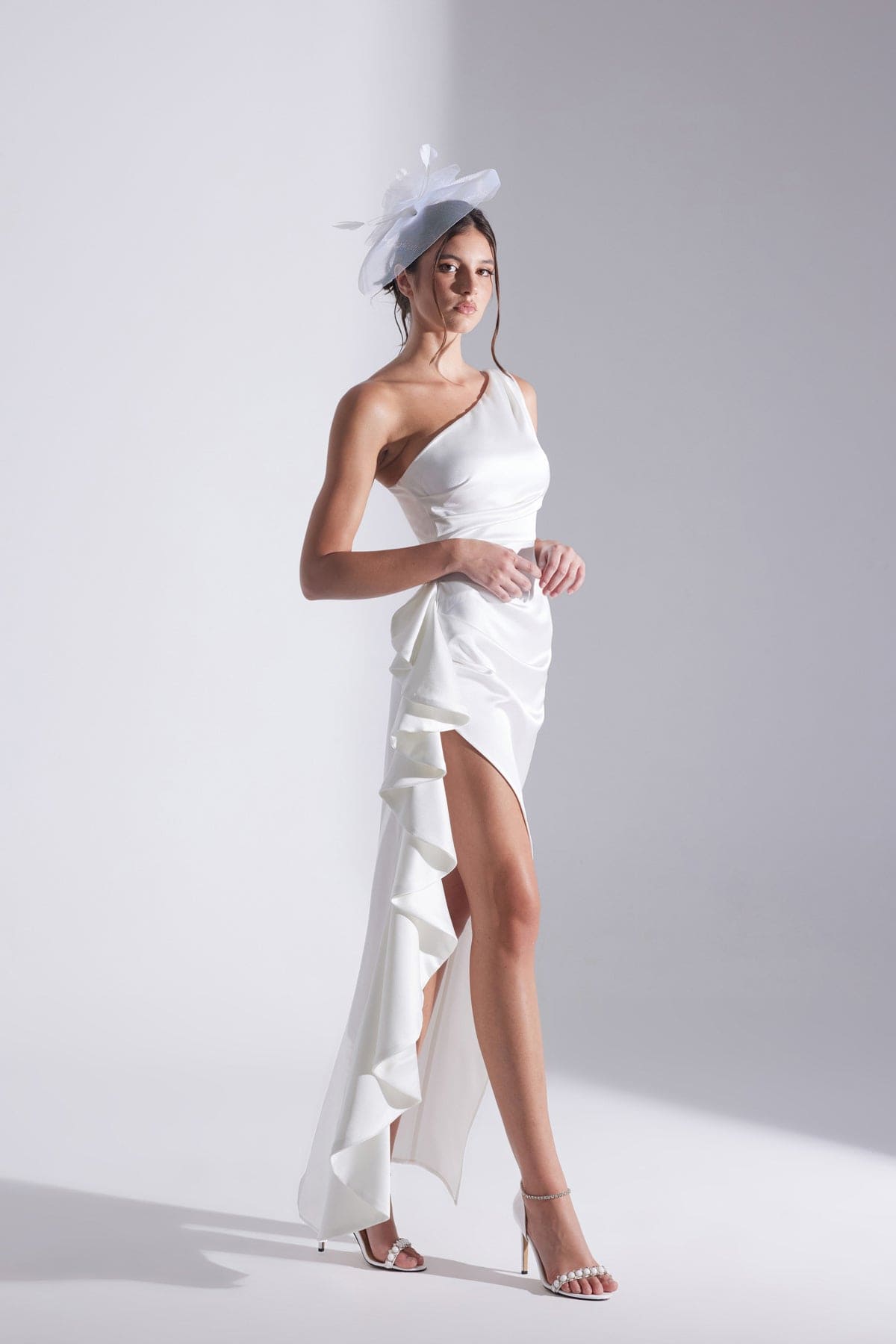 MARIANA One Shoulder Slit Ruffled WHITE Evening Dress