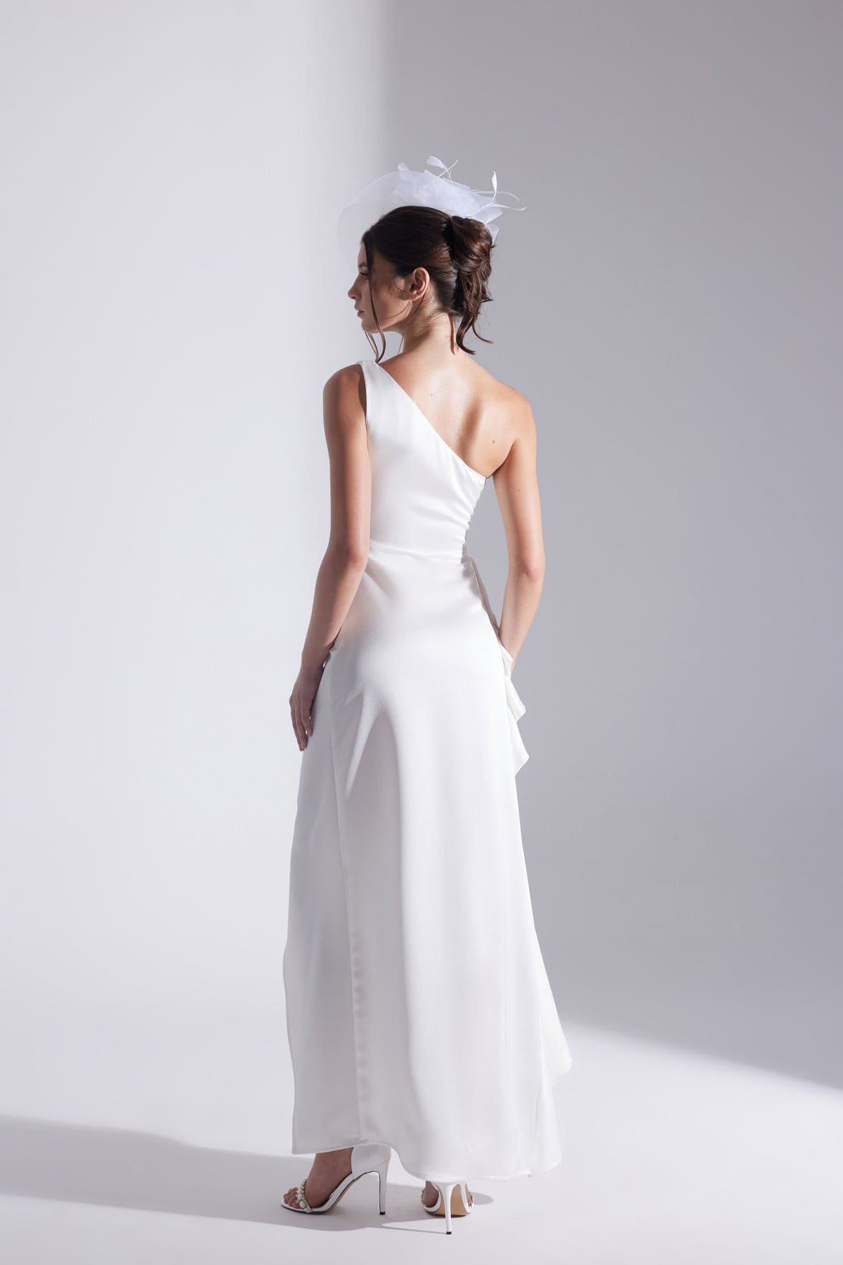 MARIANA One Shoulder Slit Ruffled WHITE Evening Dress