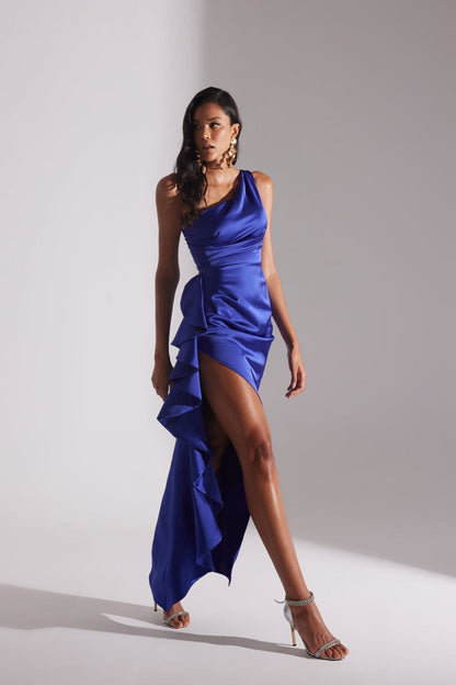 MARIANA One Shoulder Slit Ruffled SAKS Evening Dress