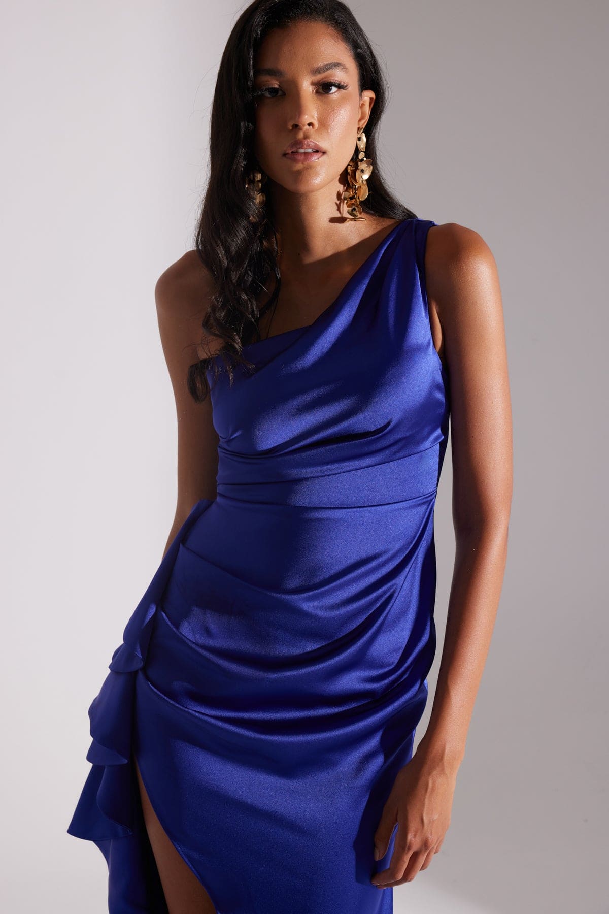 MARIANA One Shoulder Slit Ruffled SAKS Evening Dress