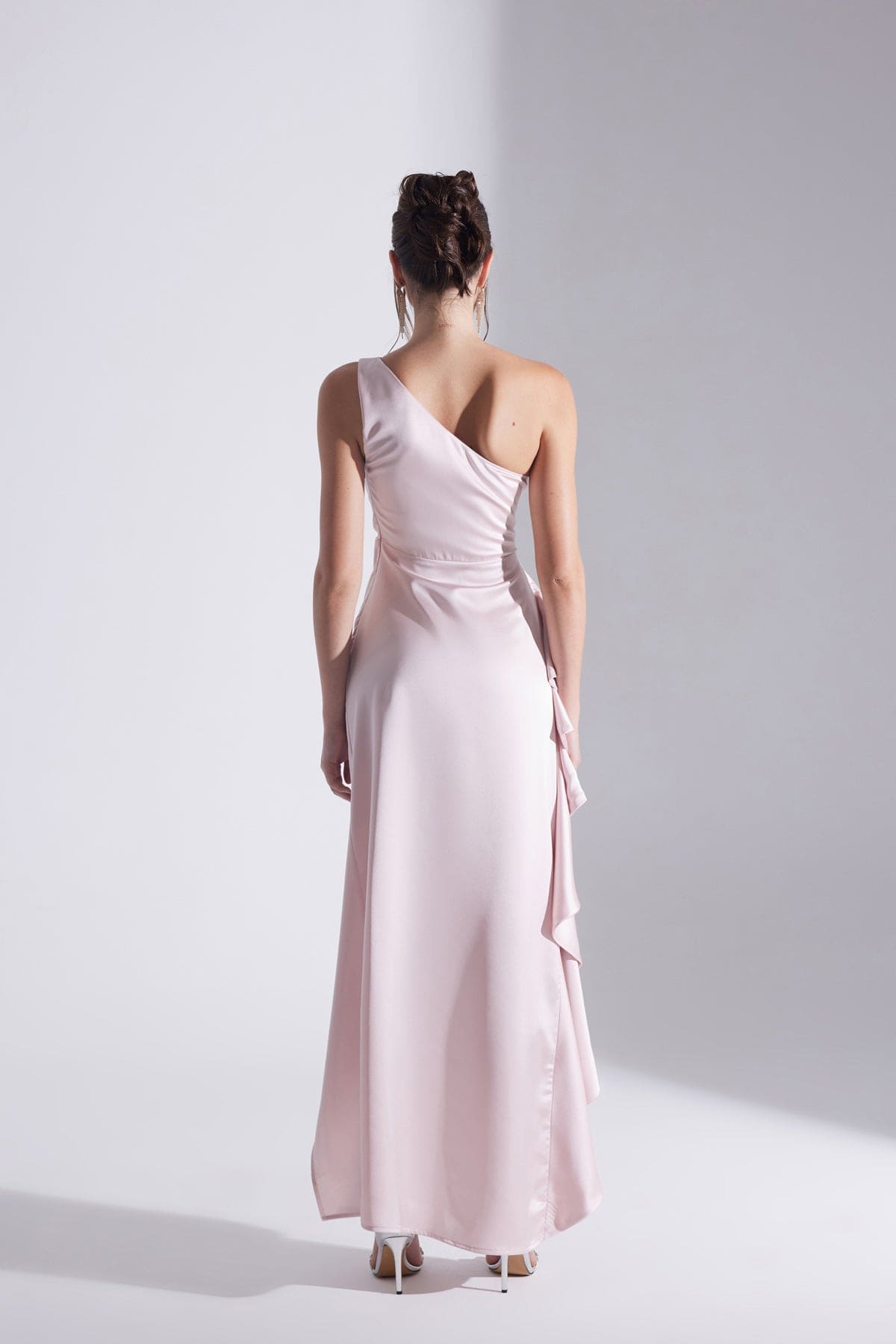 MARIANA One Shoulder Slit Ruffled PINK Evening Dress