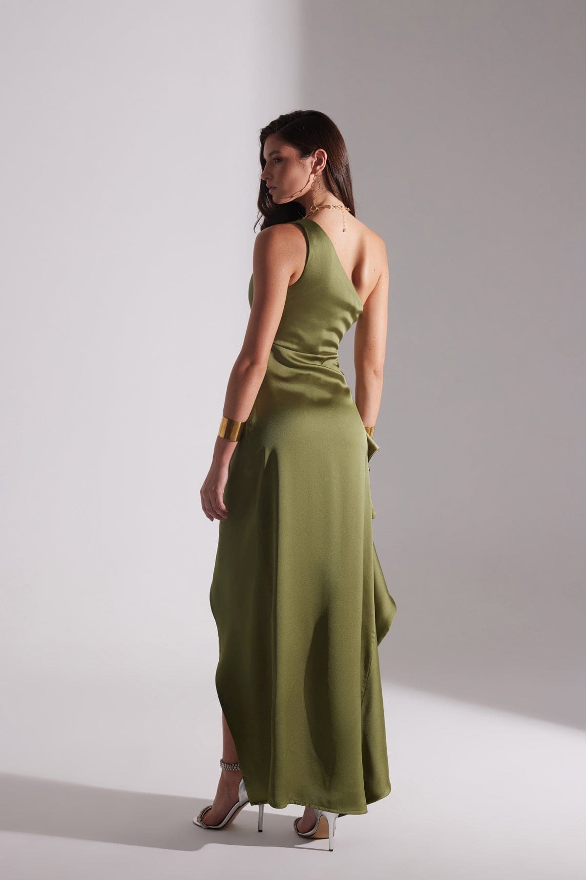 MARIANA One Shoulder Slit Ruffled HAKI Evening Dress