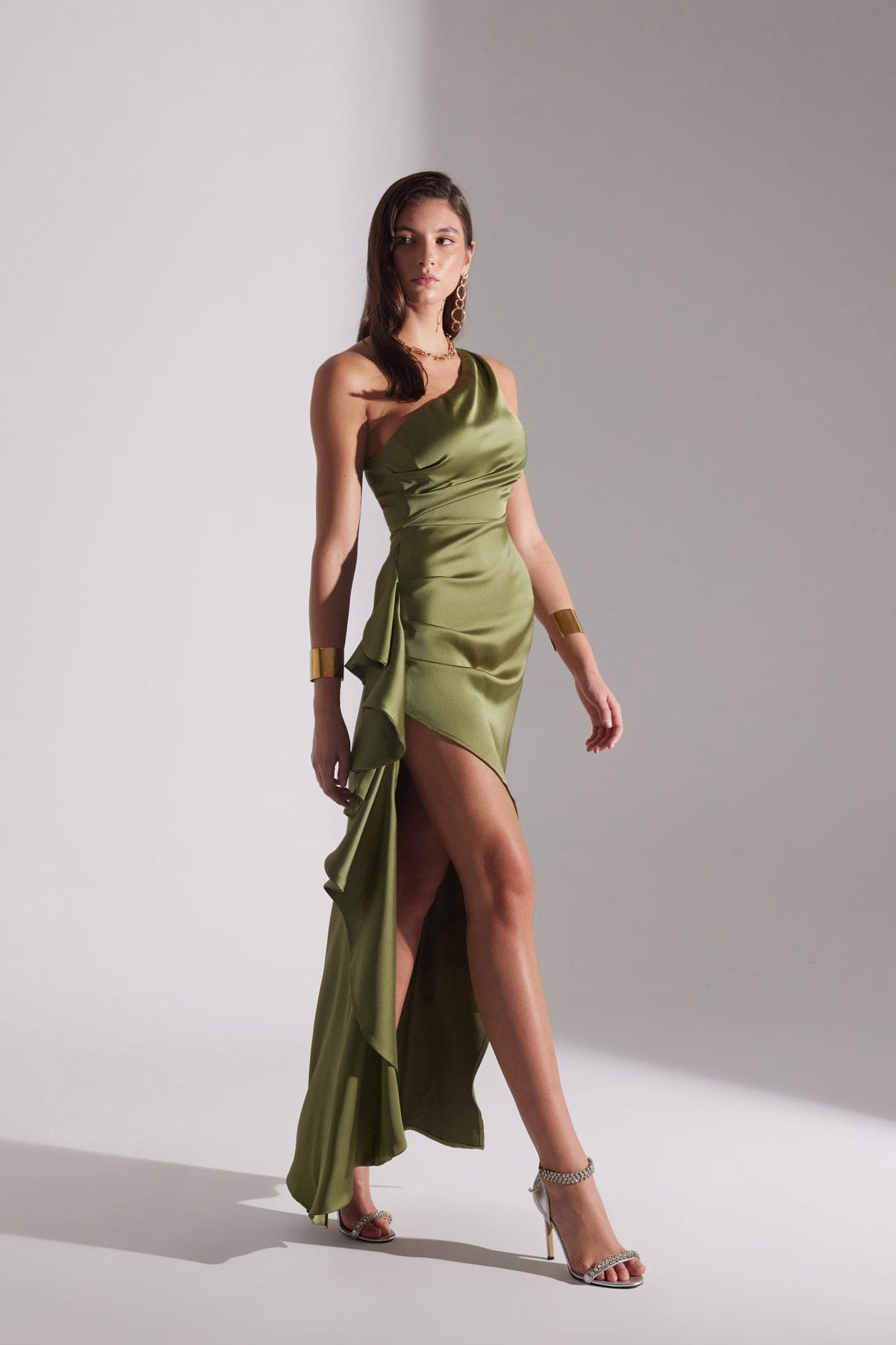 MARIANA One Shoulder Slit Ruffled HAKI Evening Dress