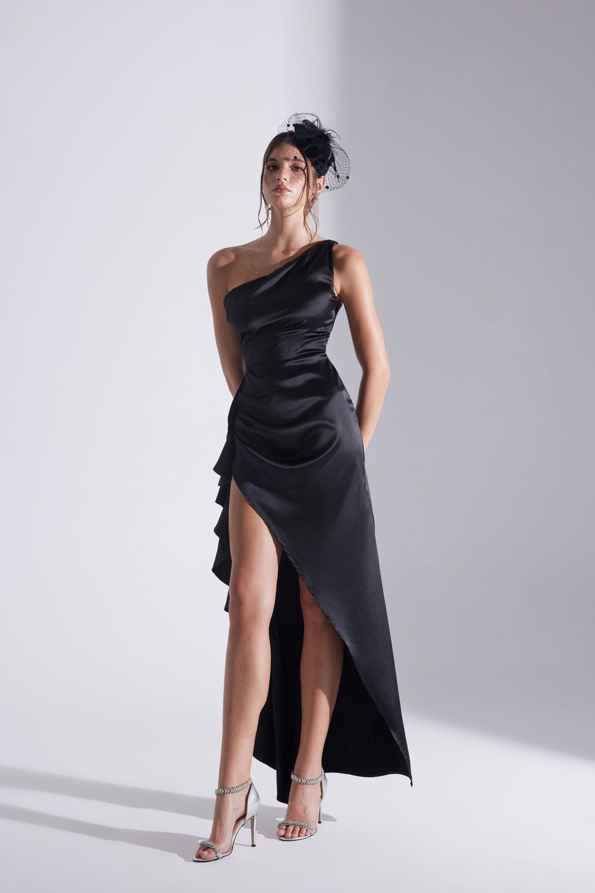 MARIANA One Shoulder Slit Ruffled BLACK Evening Dress