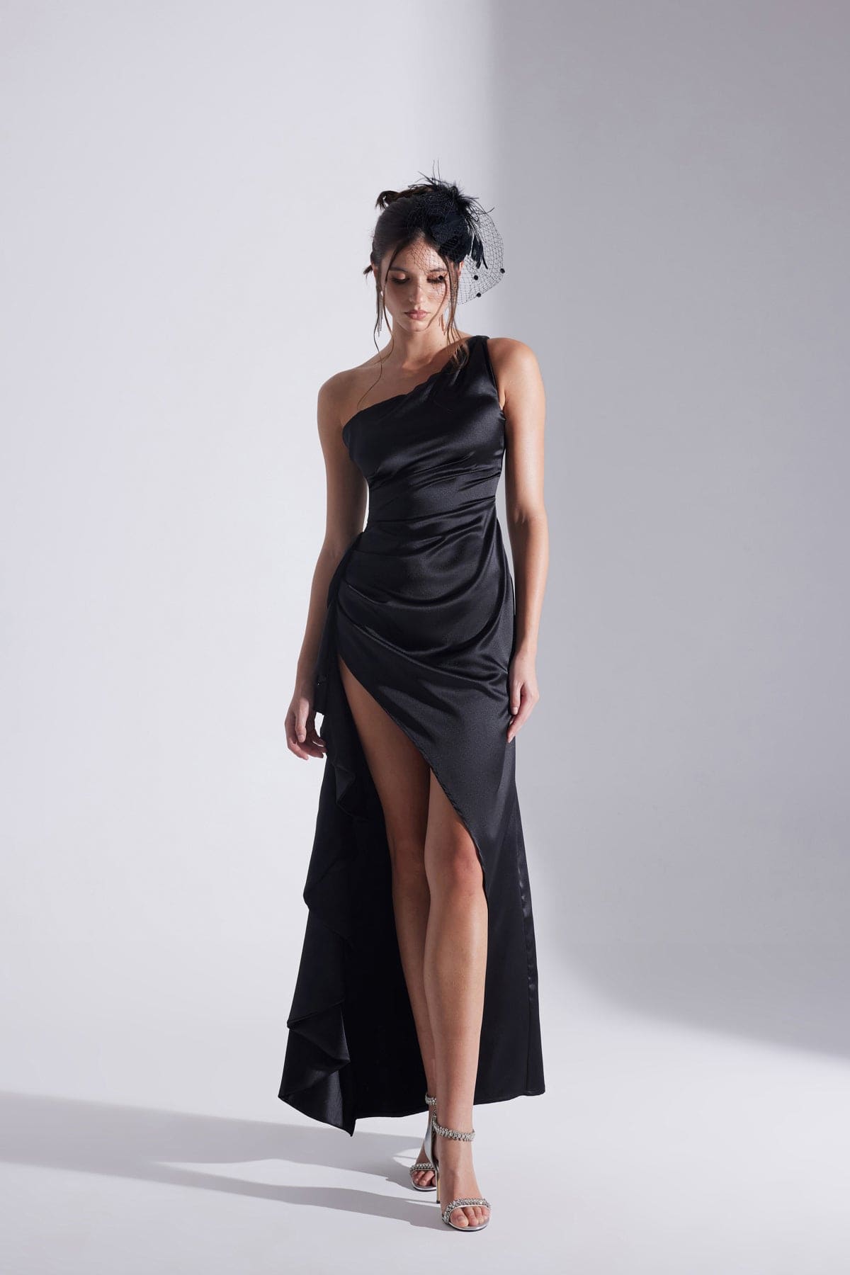 MARIANA One Shoulder Slit Ruffled BLACK Evening Dress