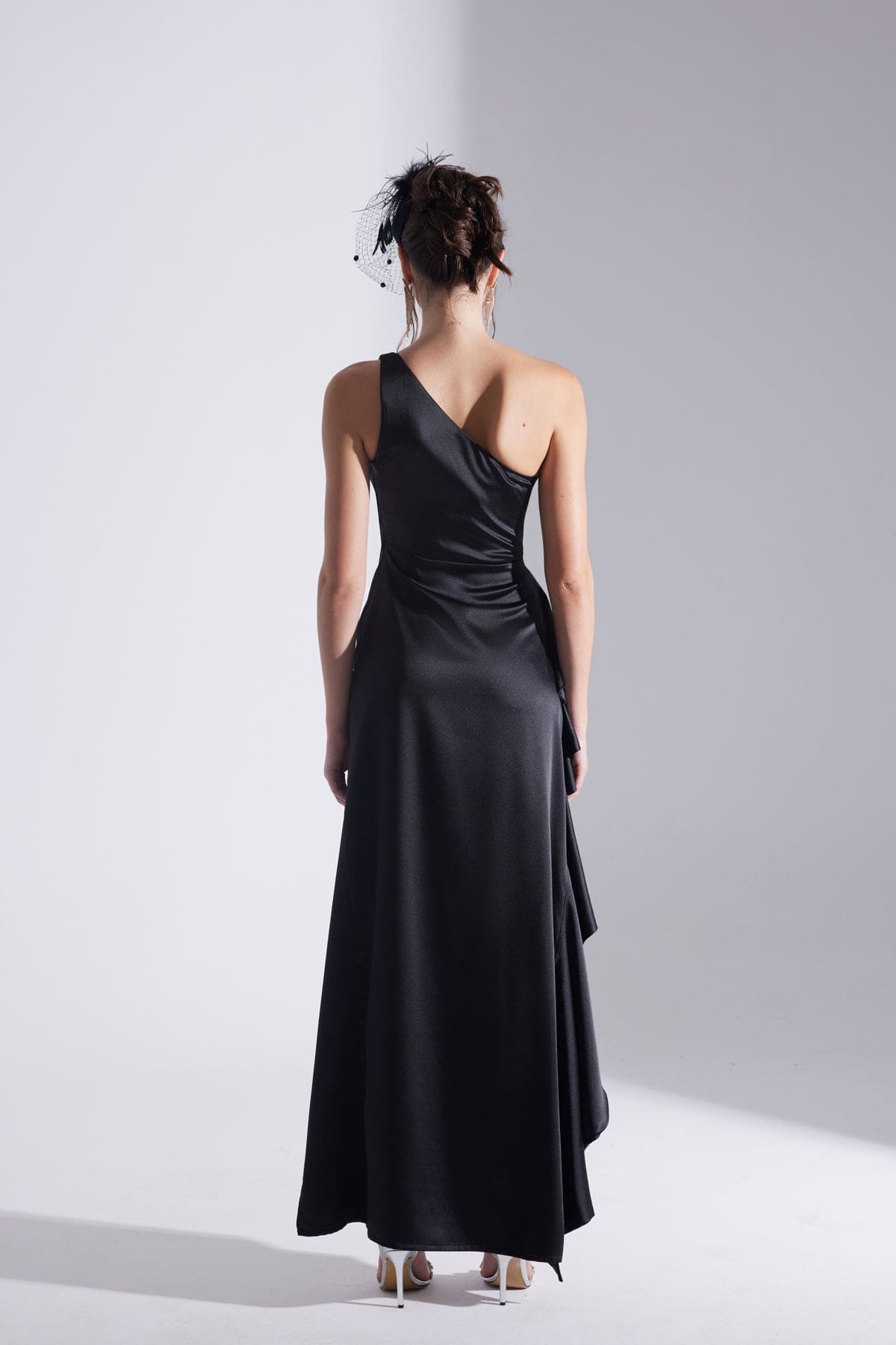 MARIANA One Shoulder Slit Ruffled BLACK Evening Dress