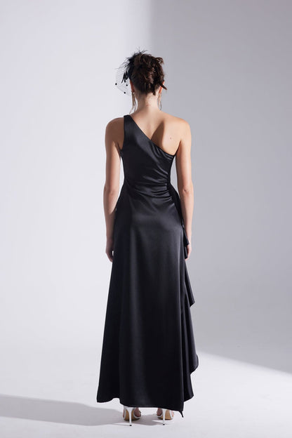MARIANA One Shoulder Slit Ruffled BLACK Evening Dress