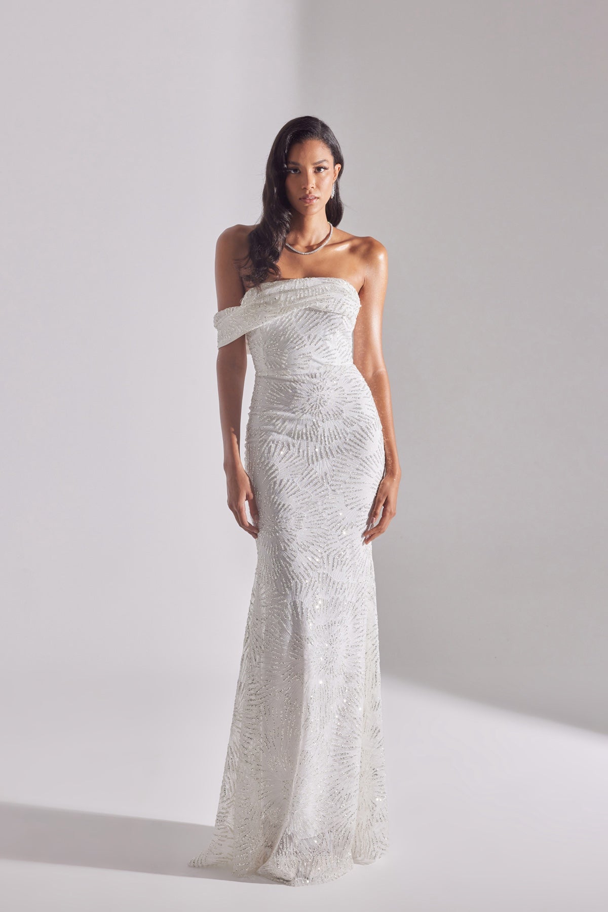 ASTER Shiny Off-Shoulder Mermaid Skirt WHITE Evening Dress
