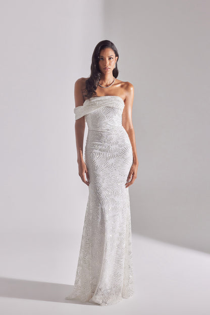 ASTER Shiny Off-Shoulder Mermaid Skirt WHITE Evening Dress