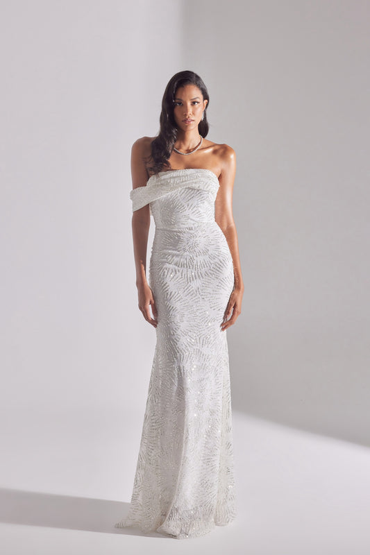 ASTER Shiny Off-Shoulder Mermaid Skirt WHITE Evening Dress