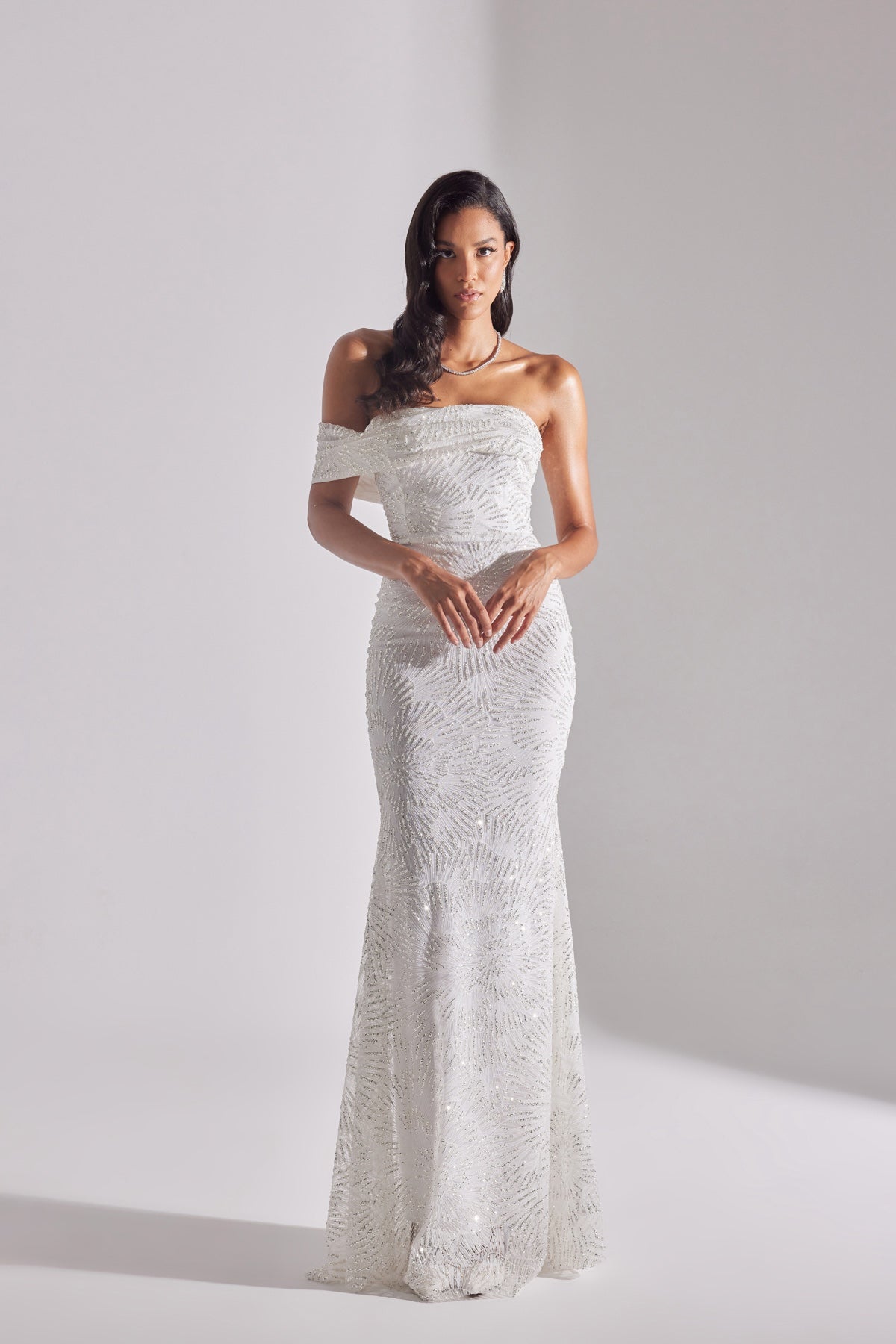 ASTER Shiny Off-Shoulder Mermaid Skirt WHITE Evening Dress