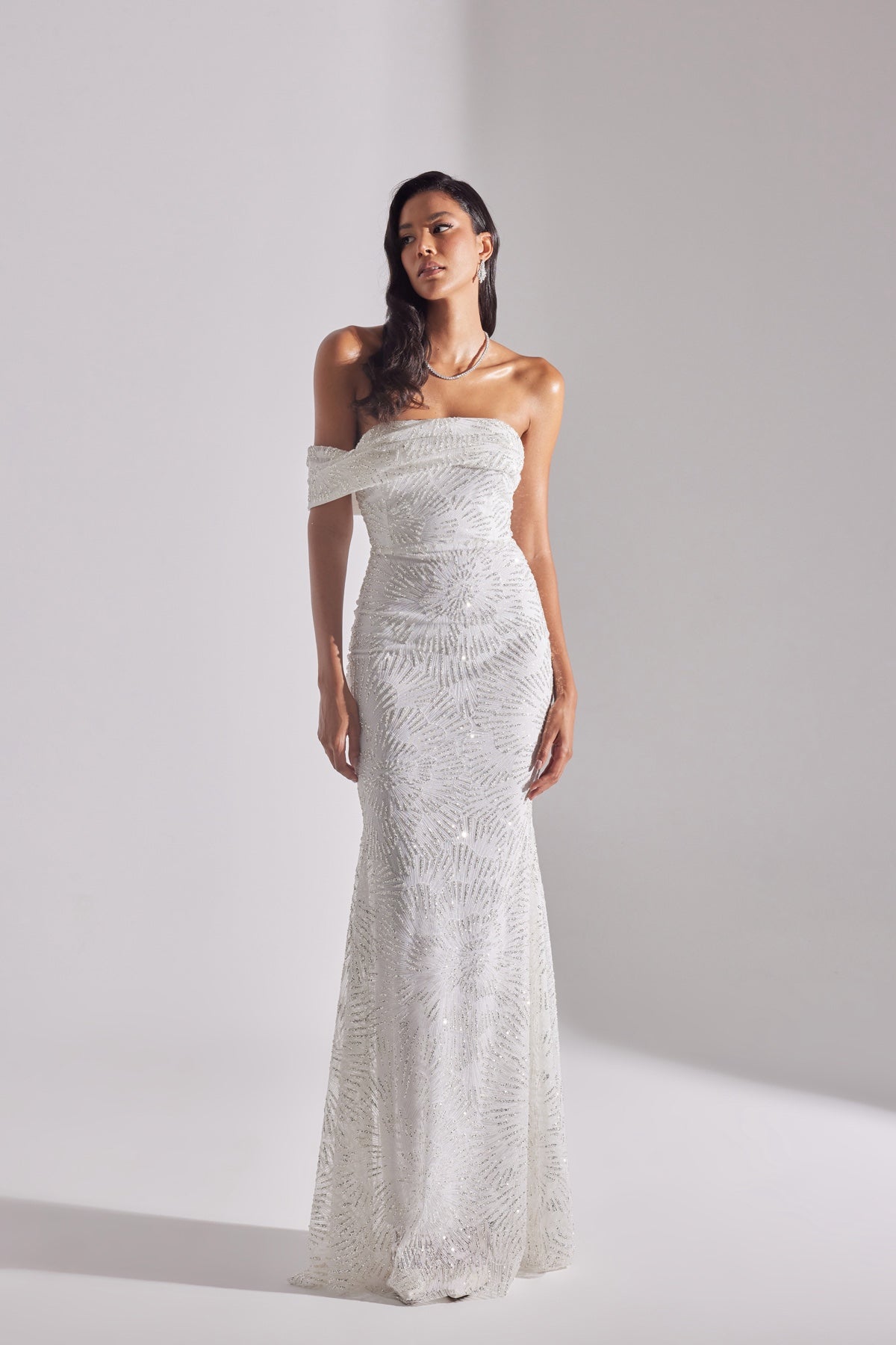 ASTER Shiny Off-Shoulder Mermaid Skirt WHITE Evening Dress